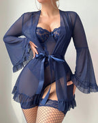 Bellvian navy blue sheer lingerie bodysuit and robe set with transparent mesh fabric seductive floral lace bodysuit sexy feminine silhouette luxury valentines sleepwear honeymoon lingerie anniversary gift for wife glamorous bedroom fashion and elegant see through robe style for women UK