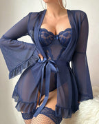 Bellvian navy blue transparent babydoll robe and bodysuit set featuring sheer mesh lingerie seductive feminine silhouette romantic valentines sleepwear glamorous honeymoon nightwear anniversary gift for girlfriend elegant luxury bedroom fashion and sexy intimate aesthetic for women UK