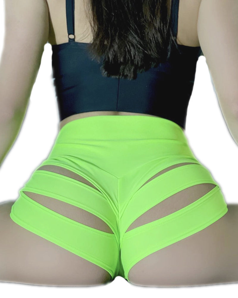 Bellvian neon green cut out booty shorts with scrunch butt lifting fit seamless stretch fabric sexy rave festival shorts body contour shaping support high waisted compression design and curve enhancing fitness dancewear style for women UK
