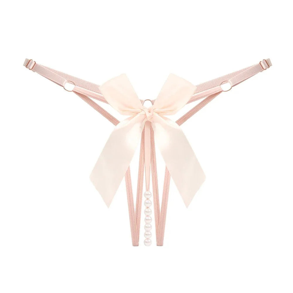 Bellvian nude pearl thong featuring soft satin ribbon detailing and elegant pearl accents, perfect for bridal lingerie collections, honeymoon lingerie shopping and women looking for sophisticated romantic underwear.