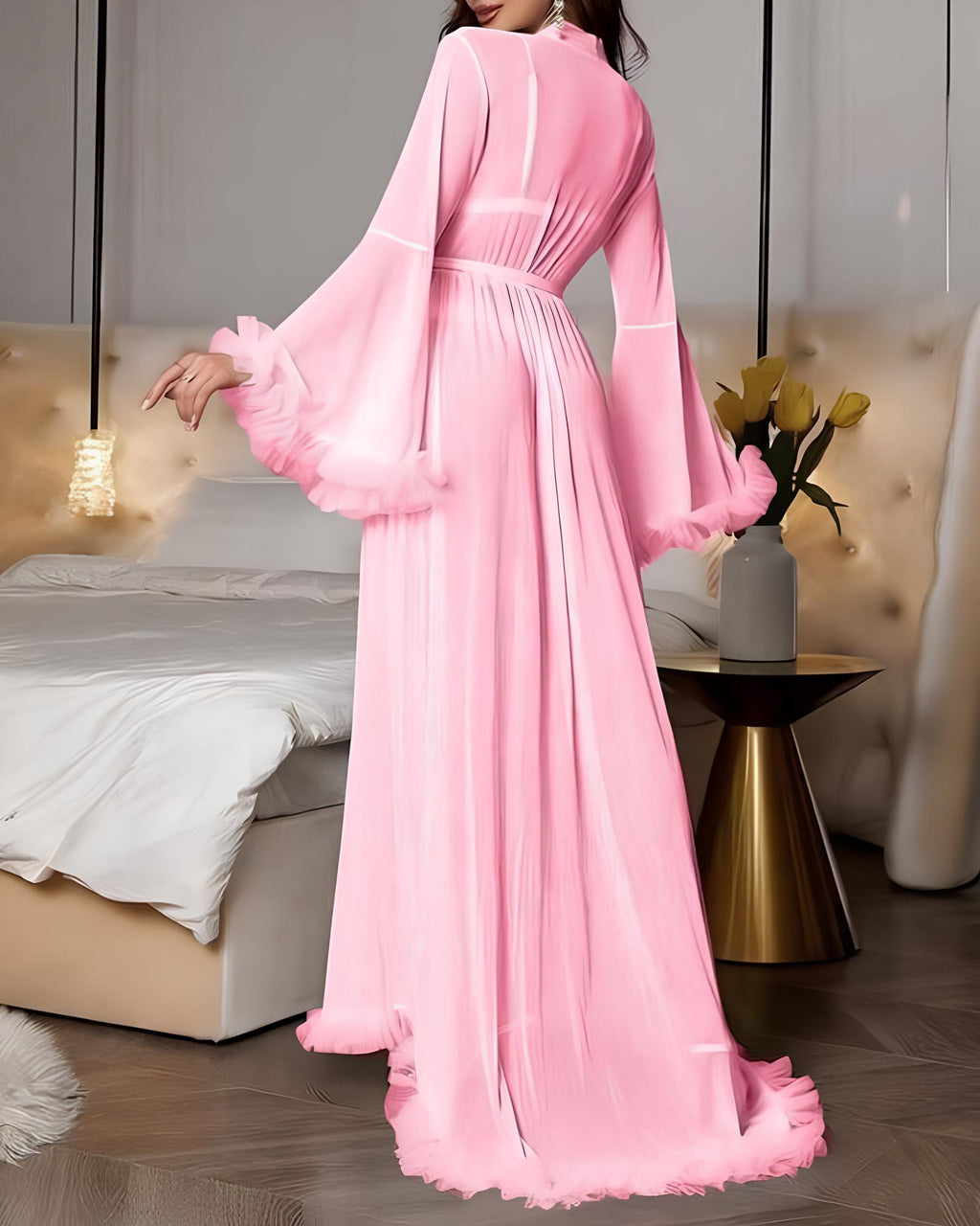Backless Bellvian pink transparent maxi robe featuring sheer luxury mesh fabric sexy feminine silhouette romantic honeymoon nightwear valentines lingerie anniversary gift for girlfriend elegant feather trim robe design and glamorous bedroom fashion aesthetic for women UK