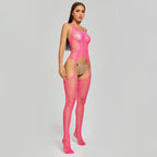 Bellvian pink floral lace bodystocking for women UK featuring sheer fishnet mesh design with open crotch detail and attached stockings. Romantic lingerie UK ideal for honeymoon nights, bridal lingerie, Valentine's Day gift for girlfriend, anniversary present, wedding night outfit and luxury bedroom fashion angled front full body view.