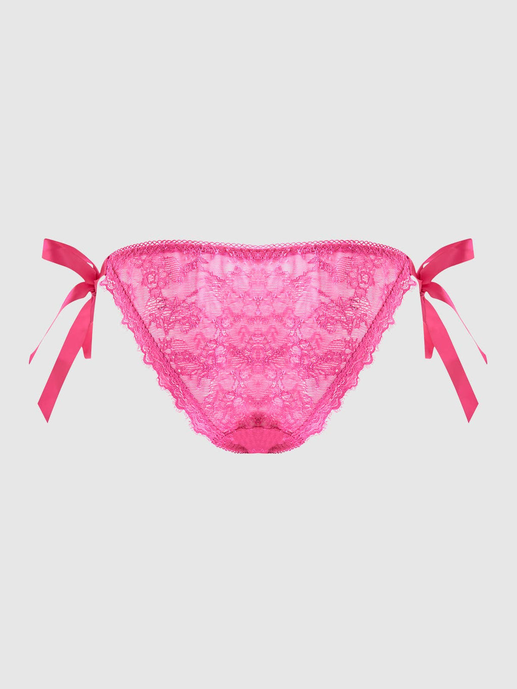 Bellvian pink lace side bow bikini panty featuring elegant floral lace and adjustable satin ribbon ties, luxury women's lingerie designed to combine comfort, femininity and seductive style, perfect romantic gift for wife, girlfriend or bride, ideal for honeymoon wardrobes, bridal lingerie collections, anniversary presents, Valentine's Day gifts and luxury underwear shopping in the UK.