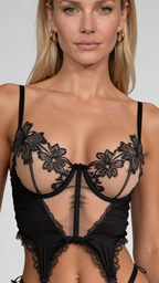 Close-up macro studio portrait of Bellvian™ provocative lingerie set, capturing the detailed unlined embroidered floral cups, structured vertical support boning, and premium underwire lift, perfect for upscale online birthday present for girlfriend queries.
