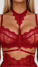 Macro view of Bellvian™ provocative red lace bra bodice, highlighting the vibrant crimson mesh fabric weave, sheer eyelash lace borders, and integrated strappy choker necklace extension.
