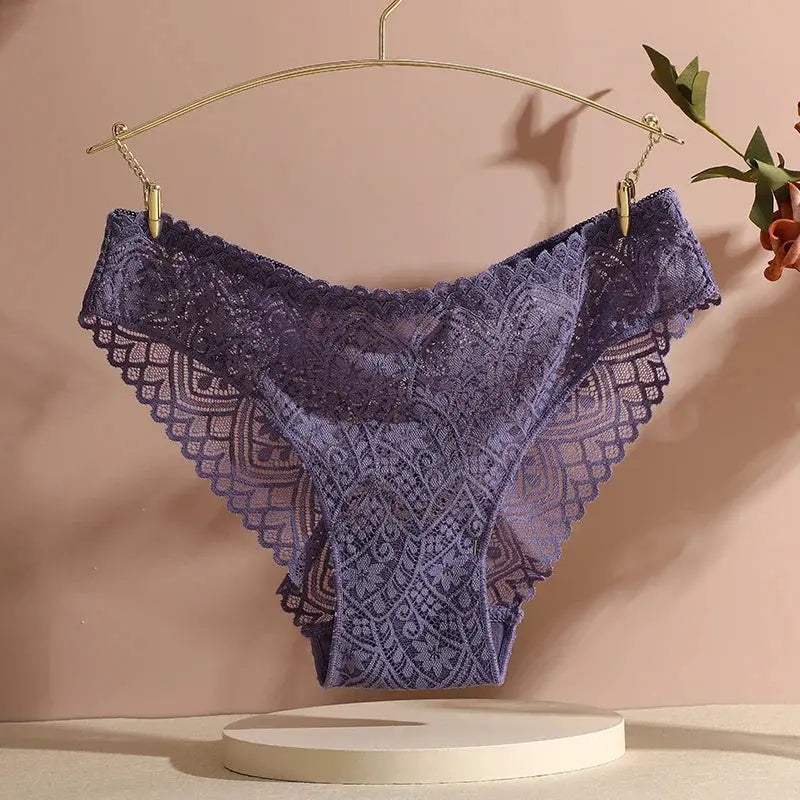 Bellvian purple lace panties featuring intricate lace patterns and a flattering fit designed for comfort and elegance. Ideal for women searching for luxury underwear, stylish lace lingerie and premium intimate essentials with a unique and sophisticated appearance. A fashionable option for everyday wear and special occasions alike.