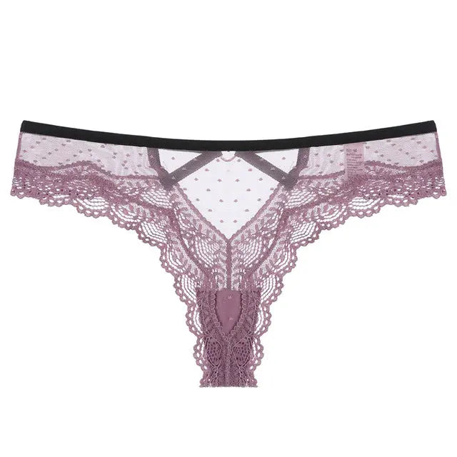 Purple Bellvian lace thong with intricate floral lace and fashionable cut out details. This feminine lingerie design offers a flattering fit and luxurious appearance, making it a perfect choice for women seeking elegant underwear and thoughtful romantic gifts.