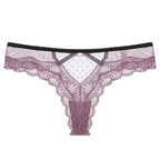 Purple Bellvian lace thong with intricate floral lace and fashionable cut out details. This feminine lingerie design offers a flattering fit and luxurious appearance, making it a perfect choice for women seeking elegant underwear and thoughtful romantic gifts.