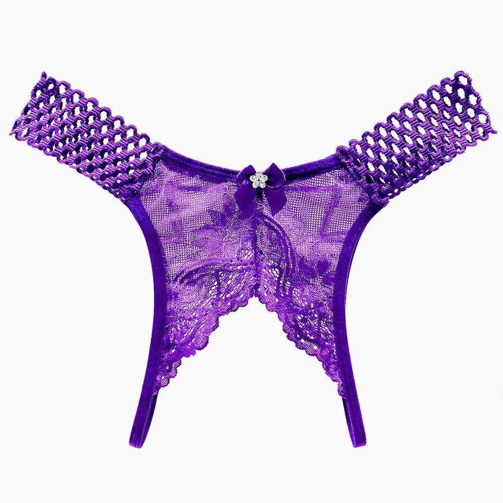 Bellvian purple open crotch lace knickers with soft floral lace styling, created for women searching for elegant honeymoon lingerie and romantic underwear, while appealing to shoppers looking for a sexy gift for a girlfriend, wife or partner.