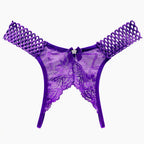 Bellvian purple open crotch lace knickers with soft floral lace styling, created for women searching for elegant honeymoon lingerie and romantic underwear, while appealing to shoppers looking for a sexy gift for a girlfriend, wife or partner.