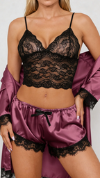 Bellvian purple satin lace camisole and shorts set close up featuring luxury satin robe elegant lace detailing romantic nightwear honeymoon sleepwear anniversary gift for wife gift for girlfriend premium ladies loungewear and luxury pyjama fashion UK