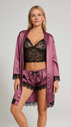 Bellvian purple satin pajama set featuring luxury satin robe lace camisole matching shorts elegant honeymoon sleepwear anniversary gift for wife gift for girlfriend luxury nightwear premium satin loungewear and romantic pyjama styling UK
