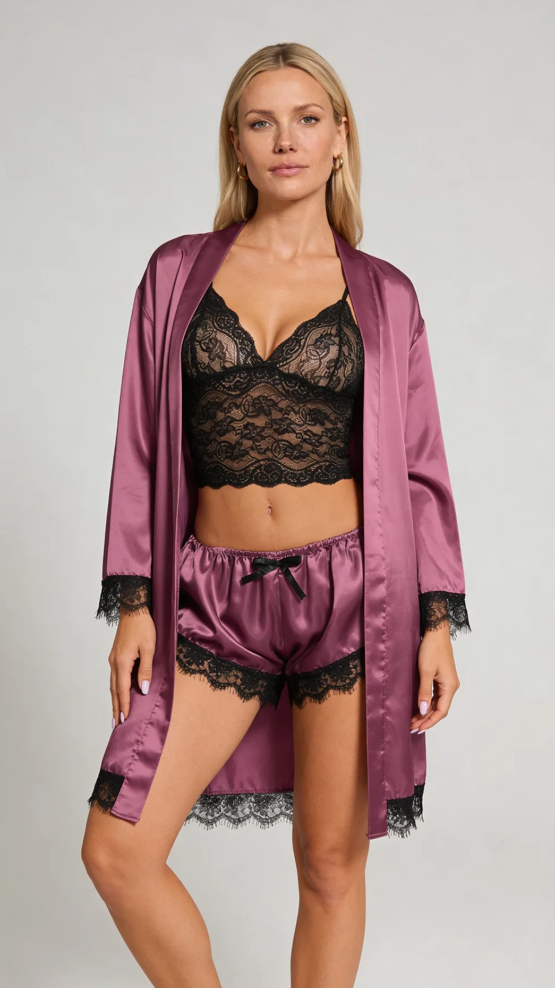 Bellvian purple satin pajama set featuring luxury satin robe lace camisole matching shorts elegant honeymoon sleepwear anniversary gift for wife gift for girlfriend luxury nightwear premium satin loungewear and romantic pyjama styling UK