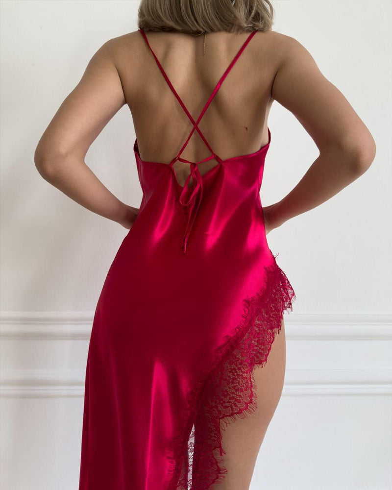 Backless Bellvian red satin nightdress with cross back straps silky smooth luxury fabric sexy romantic silhouette elegant lace side slit honeymoon lingerie aesthetic and seductive satin sleepwear style for women UK