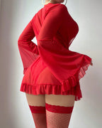 Backless Bellvian red sheer bodysuit and robe set with transparent mesh lingerie sexy floral lace bodysuit seductive valentines sleepwear romantic honeymoon lingerie anniversary gift for wife glamorous feminine bedroom fashion and luxury intimate aesthetic UK