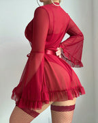 Backless Bellvian red transparent bodysuit and robe set featuring sheer mesh lingerie sexy floral lace bodysuit romantic valentines sleepwear glamorous feminine bedroom fashion honeymoon lingerie anniversary gift for girlfriend and luxury intimate nightwear style UK