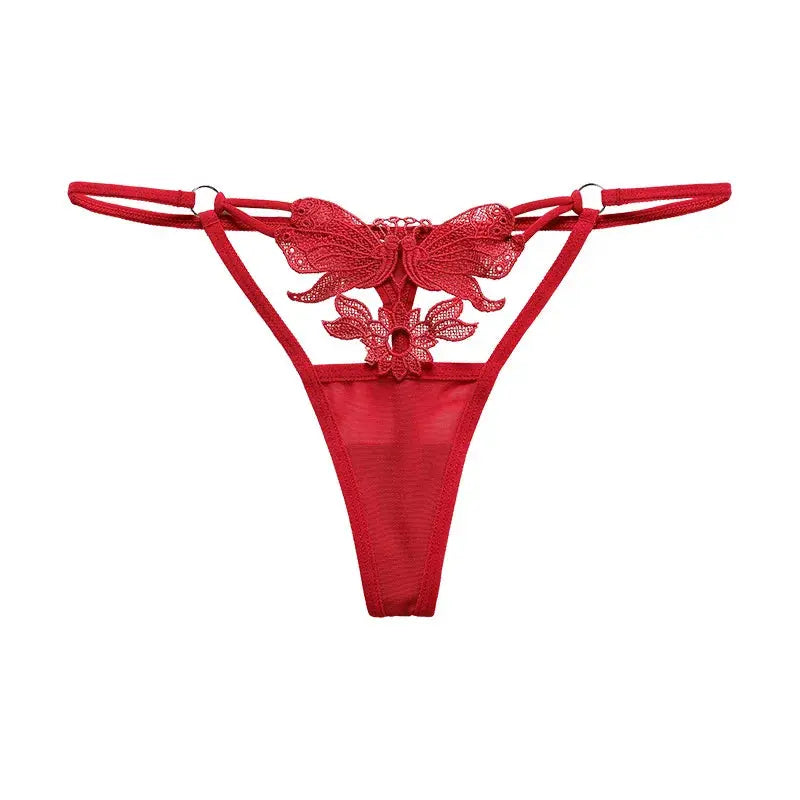 Bellvian red butterfly lace string panties featuring embroidered floral detailing, seductive luxury styling and flattering body enhancing fit, premium women's lingerie perfect for romantic evenings, Valentine's Day gifts, honeymoon collections and anniversary surprises, ideal luxury underwear for wives, girlfriends and brides across the UK.