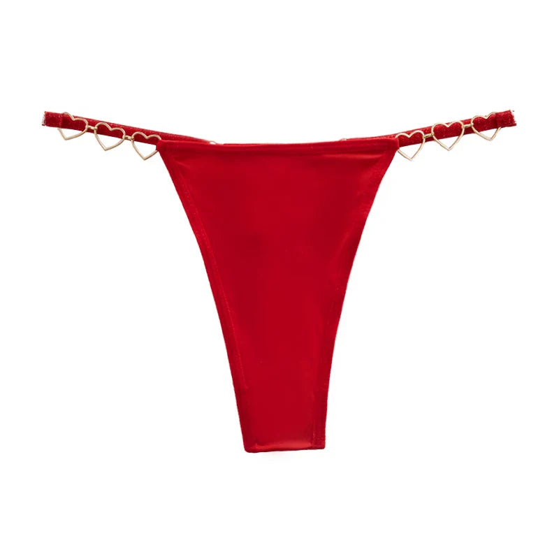 Red chain side thong product image with decorative metallic heart accents and a flattering luxury silhouette. Designed for women who love romantic lingerie, sexy underwear and premium gifts for special occasions.