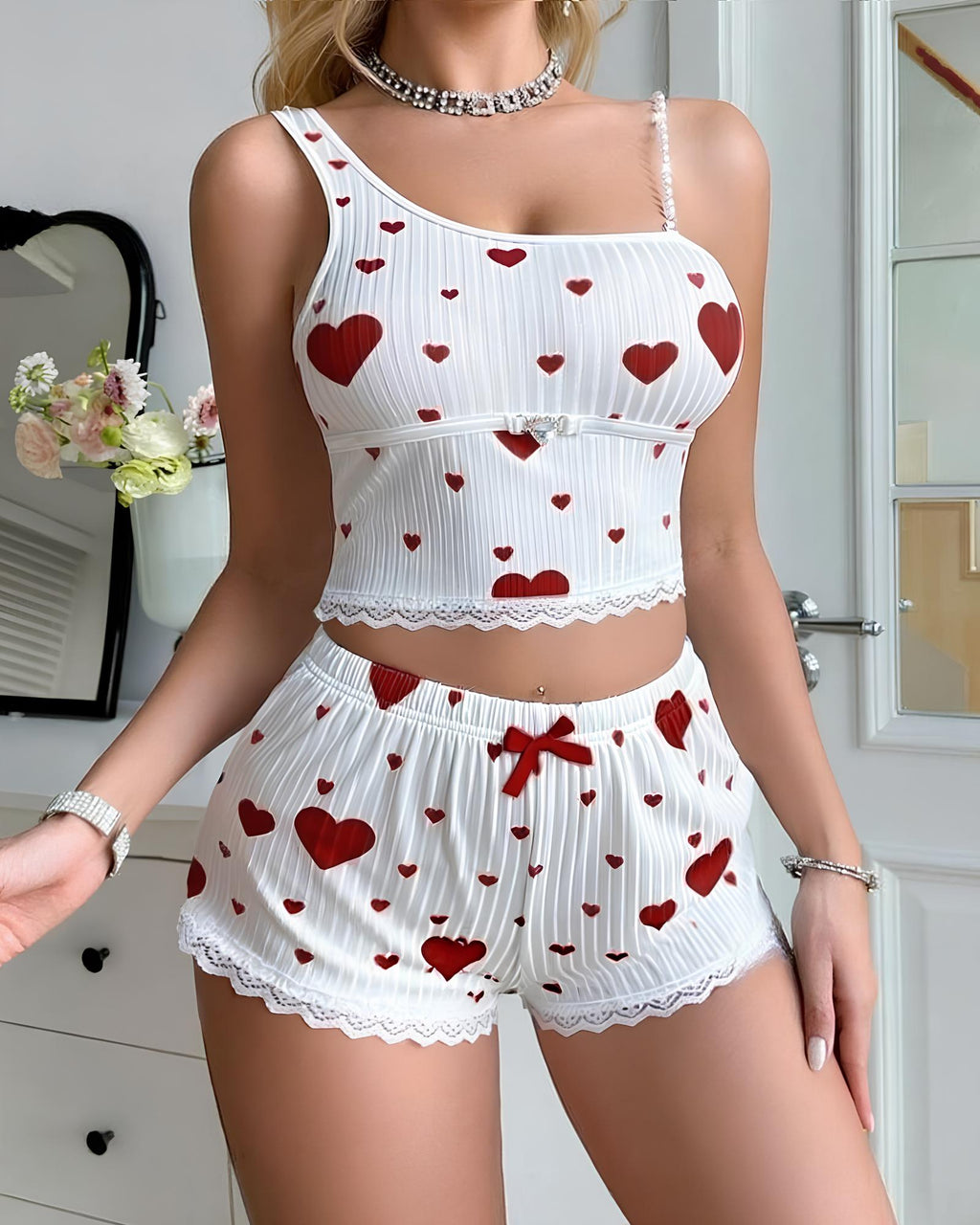 Bellvian red heart print short pyjama set with romantic feminine silhouette cute coquette sleepwear soft ribbed comfy lounge outfit valentines homewear kawaii crop top and shorts matching set gift for wife and luxury cute nightwear aesthetic for women UK