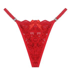 Red floral lace thong with elegant rhinestone side details and feminine bow accent. An ideal choice for Valentine's Day lingerie, romantic gifts for her, honeymoon underwear and women looking for bold yet sophisticated sexy lingerie styles.
