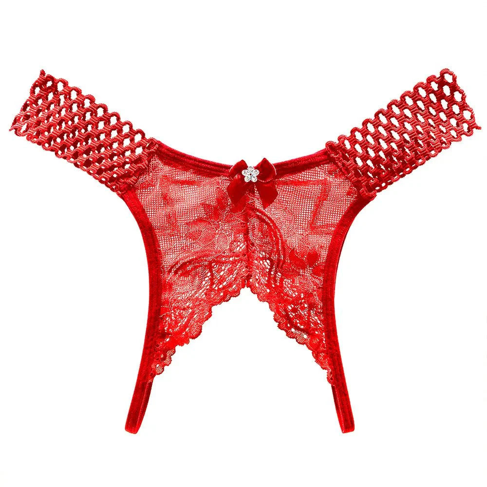 Bellvian red open crotch lace knickers crafted with elegant floral lace, perfect for women looking for sexy honeymoon lingerie and for partners searching for a romantic anniversary or Valentine's gift for a wife or girlfriend, offering a flattering and feminine style for special occasions.