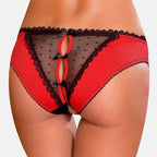 Bellvian red open gusset knickers featuring sheer mesh detailing and a flattering back design, ideal for women seeking romantic honeymoon lingerie and for partners looking for a Valentine's gift, anniversary gift or special surprise for a wife or girlfriend.
