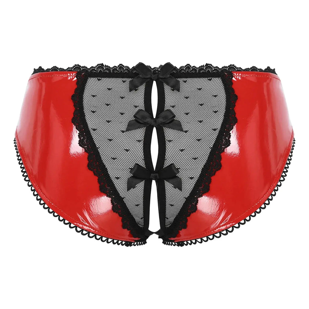 Bellvian™ red patent leather open back panties with sheer mesh detailing and elegant ribbon accents, designed for women who enjoy seductive lingerie, luxury underwear and confidence boosting intimate fashion, ideal for romantic evenings, honeymoon collections, anniversary gifts and memorable couples occasions.