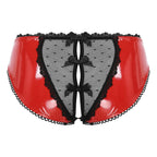 Bellvian™ red patent leather open back panties with sheer mesh detailing and elegant ribbon accents, designed for women who enjoy seductive lingerie, luxury underwear and confidence boosting intimate fashion, ideal for romantic evenings, honeymoon collections, anniversary gifts and memorable couples occasions.