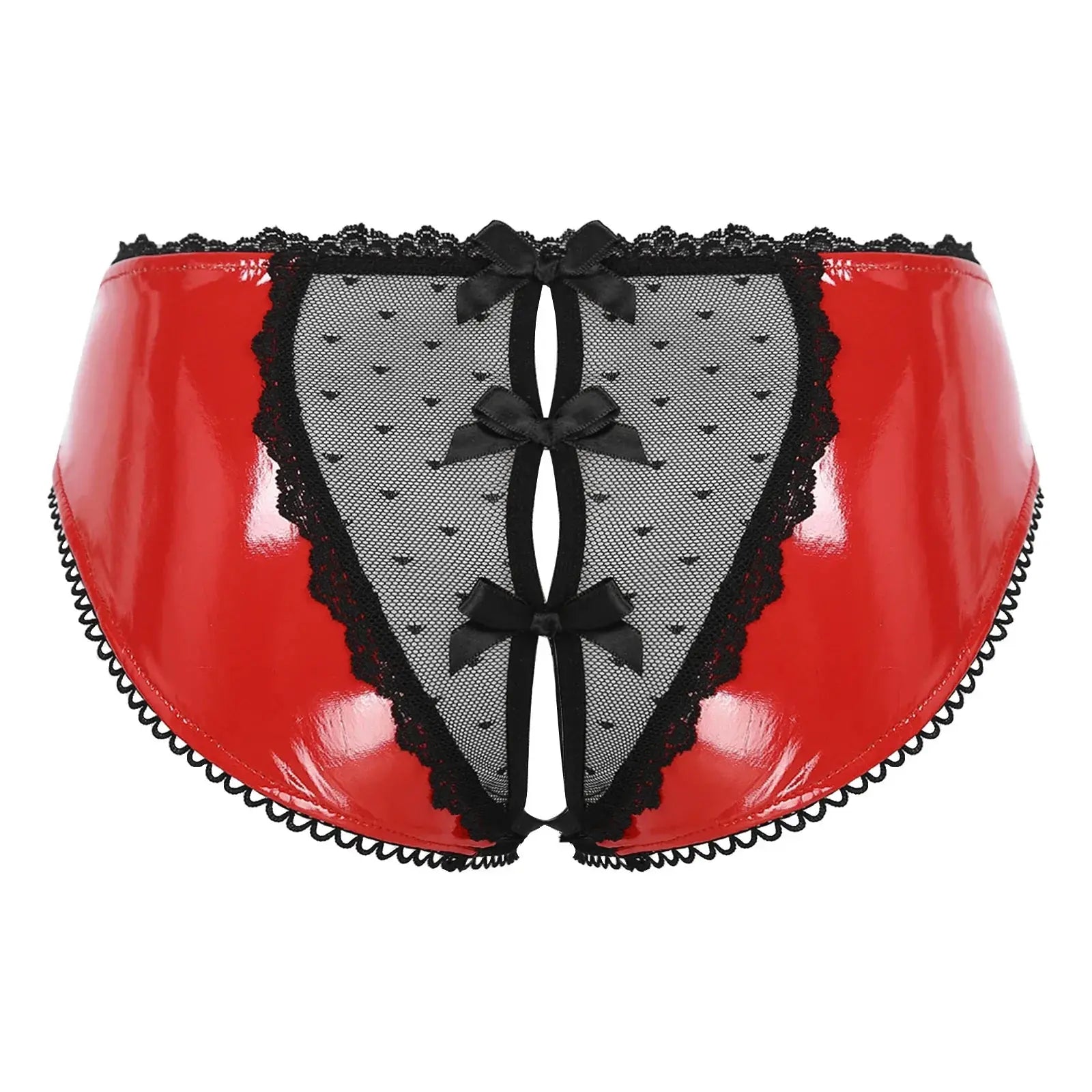 Bellvian™ red patent leather open back panties with sheer mesh detailing and elegant ribbon accents, designed for women who enjoy seductive lingerie, luxury underwear and confidence boosting intimate fashion, ideal for romantic evenings, honeymoon collections, anniversary gifts and memorable couples occasions.