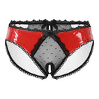 Bellvian™ red patent leather open crotch panties featuring transparent mesh panels and decorative bow accents, created for women seeking bold lingerie, romantic underwear and luxury intimate apparel, perfect for Valentine's Day surprises, honeymoon nights, anniversary celebrations and gifts for wives or girlfriends who love striking lingerie.