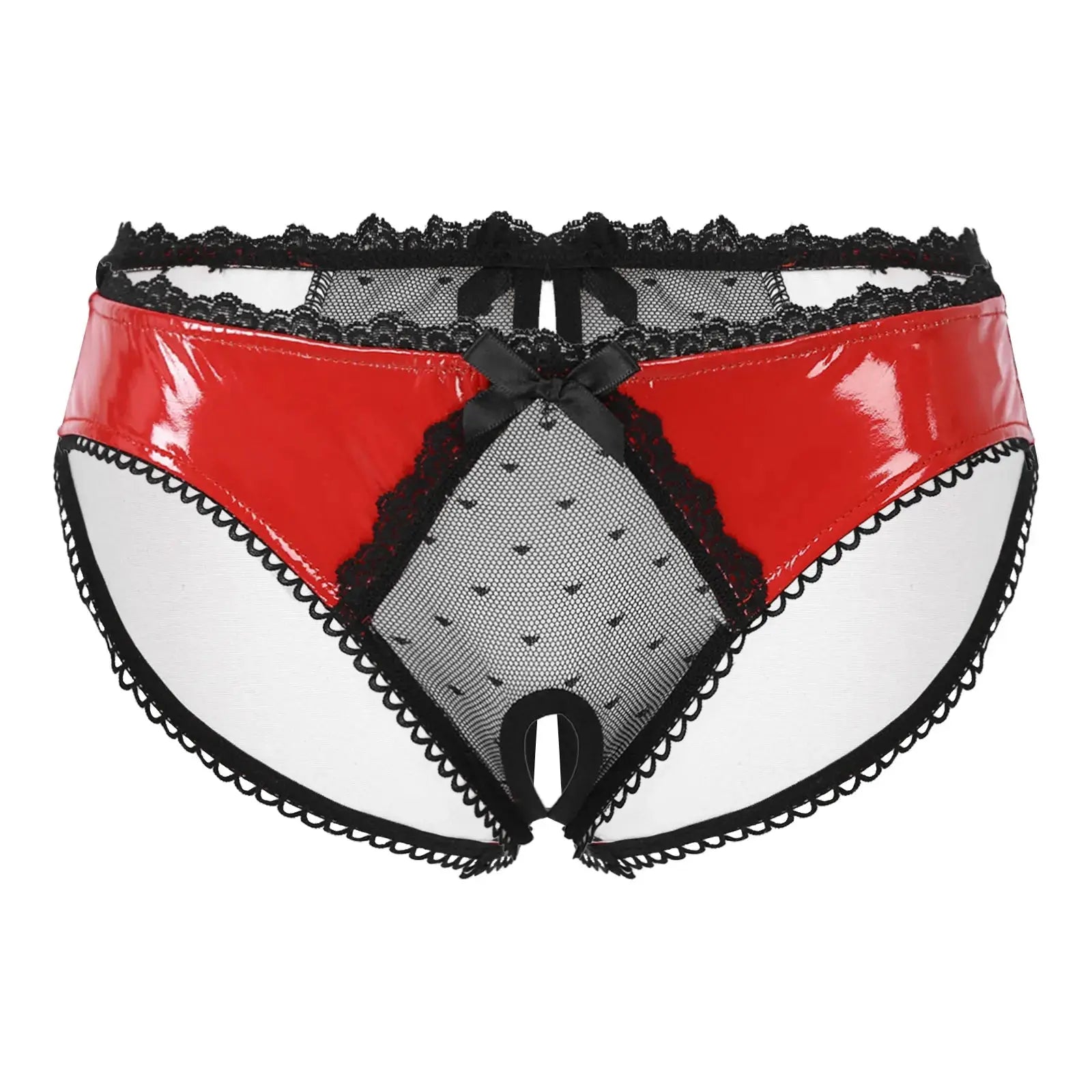 Bellvian™ red patent leather open crotch panties featuring transparent mesh panels and decorative bow accents, created for women seeking bold lingerie, romantic underwear and luxury intimate apparel, perfect for Valentine's Day surprises, honeymoon nights, anniversary celebrations and gifts for wives or girlfriends who love striking lingerie.