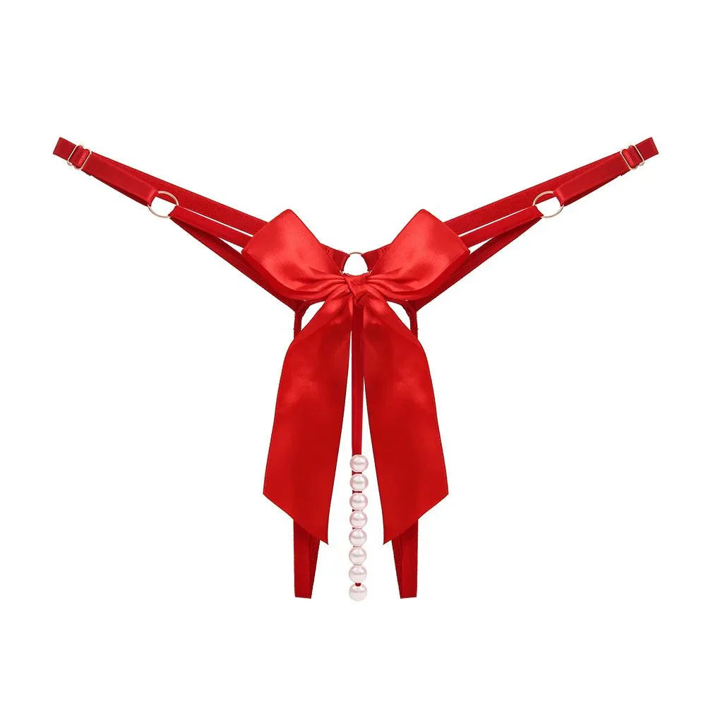 Bellvian red pearl thong with a satin bow centrepiece and decorative pearl accents, ideal for women seeking romantic honeymoon lingerie and for partners searching for a Valentine's gift, anniversary present or special surprise for a wife or girlfriend.
