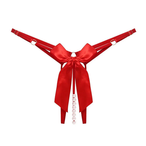 Bellvian red pearl thong with a satin bow centrepiece and decorative pearl accents, ideal for women seeking romantic honeymoon lingerie and for partners searching for a Valentine's gift, anniversary present or special surprise for a wife or girlfriend.