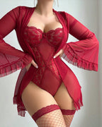 Bellvian red sheer bodysuit and robe lingerie set with transparent mesh fabric seductive floral lace details sexy feminine silhouette romantic honeymoon sleepwear valentines lingerie anniversary gift for wife glamorous bedroom fashion and elegant luxury intimate style for women UK