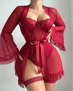 Bellvian red sheer lace bodysuit and transparent robe set for women featuring sexy floral lace lingerie seductive see through mesh robe romantic valentines sleepwear glamorous honeymoon lingerie anniversary gift for wife feminine luxury bedroom fashion elegant intimate nightwear and seductive luxury babydoll aesthetic UK