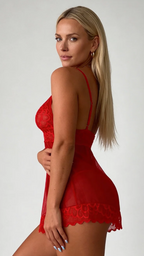 Bellvian red sheer nightdress lingerie with elegant lace detailing and transparent mesh fabric, inspired by luxury romantic nightwear and popular for honeymoon lingerie shopping, seductive bedroom outfits and anniversary surprise gifts for women in the UK