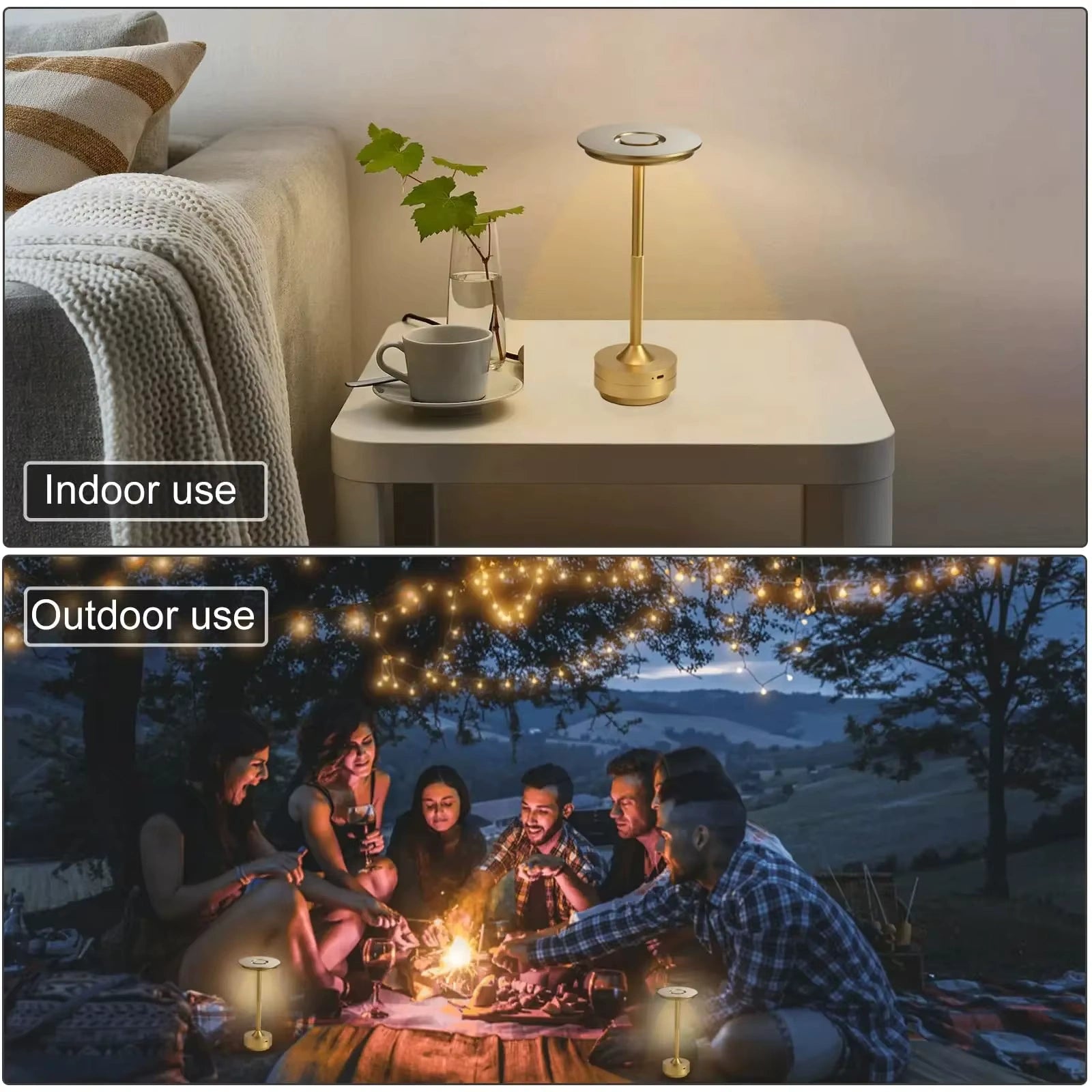 Bellvian silver aluminum LED table lamp standing on a glass side table in a modern living room with neutral tones, adding a touch of elegance and ambient brightness.