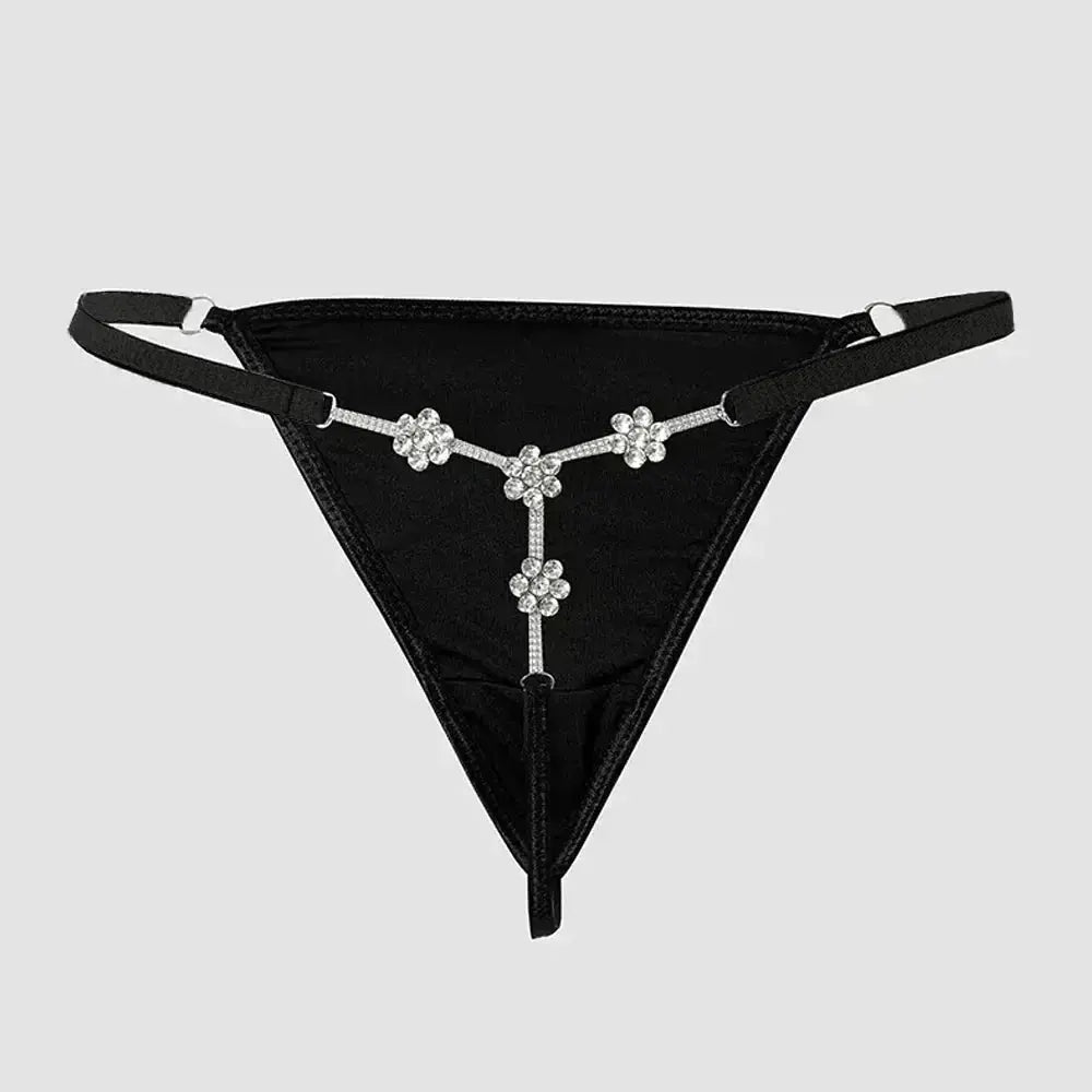 Luxury black thong underwear finished with silver crystal accents for a refined and glamorous appearance. Ideal for women searching for honeymoon lingerie, romantic underwear, luxury intimatewear or a memorable gift that offers elegance, confidence and modern feminine appeal.