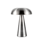 Silver metallic mushroom LED table lamp with brushed steel look; minimalist, cordless and rechargeable, ideal for bedside and desk lighting.