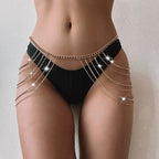 Bellvian silver rhinestone waist chain body jewellery for women featuring layered crystal belly chain design styled with black lingerie luxury waist jewellery UK sexy body chain accessory festival fashion statement jewellery beach body jewellery holiday outfit accessory rave outfit jewellery nightclub fashion sparkling crystal chain gift for girlfriend gift for wife luxury women's accessory front view