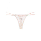 Soft pink lace thong displayed in a product image with delicate floral lace detailing, ribbon bow accents and a romantic feminine design. Ideal for bridal lingerie collections, honeymoon outfits, anniversary gifts and women who appreciate elegant luxury underwear.