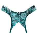Bellvian teal lace knickers designed with an alluring open crotch detail and feminine floral lace, ideal for romantic getaways, anniversaries and special occasions, making a stylish lingerie gift for a wife, girlfriend or newlywed partner.