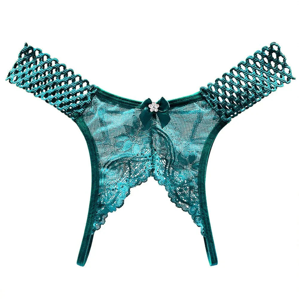 Bellvian teal lace knickers designed with an alluring open crotch detail and feminine floral lace, ideal for romantic getaways, anniversaries and special occasions, making a stylish lingerie gift for a wife, girlfriend or newlywed partner.