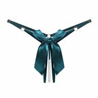 Bellvian teal pearl thong featuring elegant satin ribbon detailing and pearl accents, perfect for women looking for luxury lingerie for romantic occasions, weekend getaways and special celebrations while maintaining a feminine and sophisticated look.