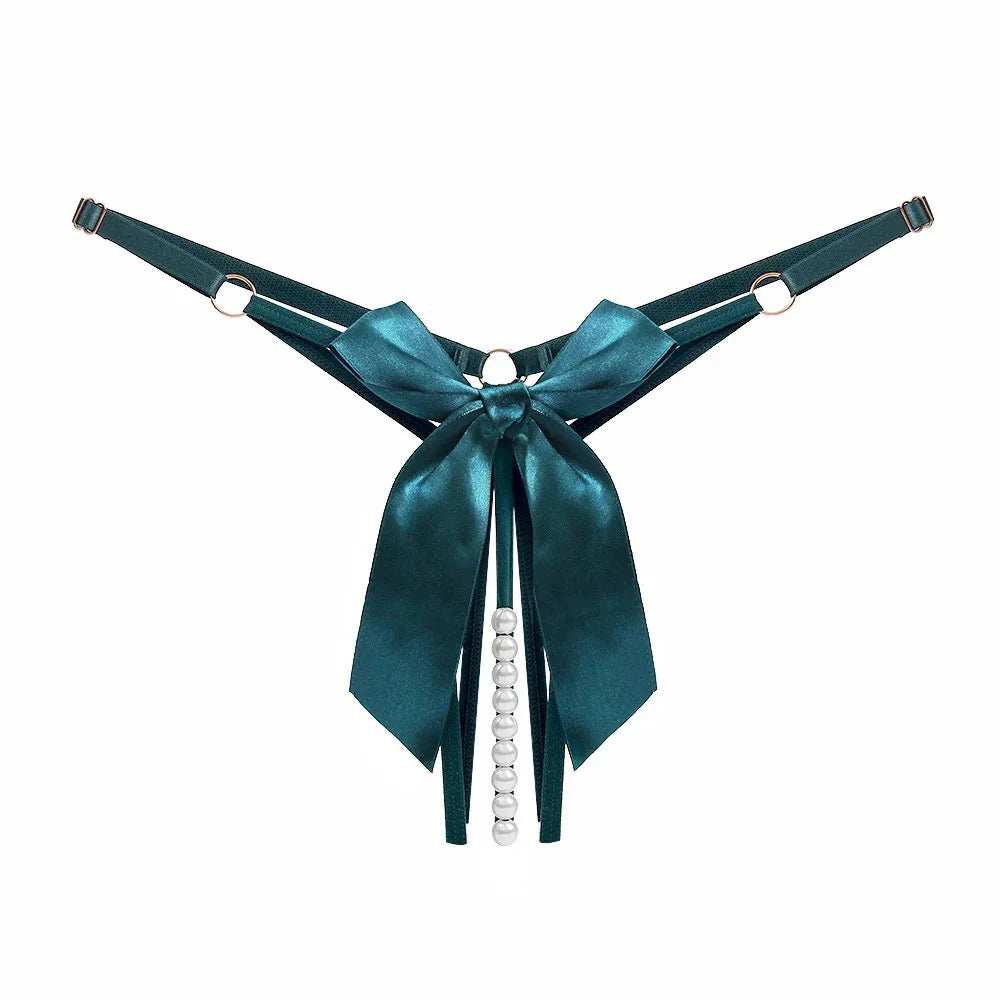 Bellvian teal pearl thong featuring elegant satin ribbon detailing and pearl accents, perfect for women looking for luxury lingerie for romantic occasions, weekend getaways and special celebrations while maintaining a feminine and sophisticated look.