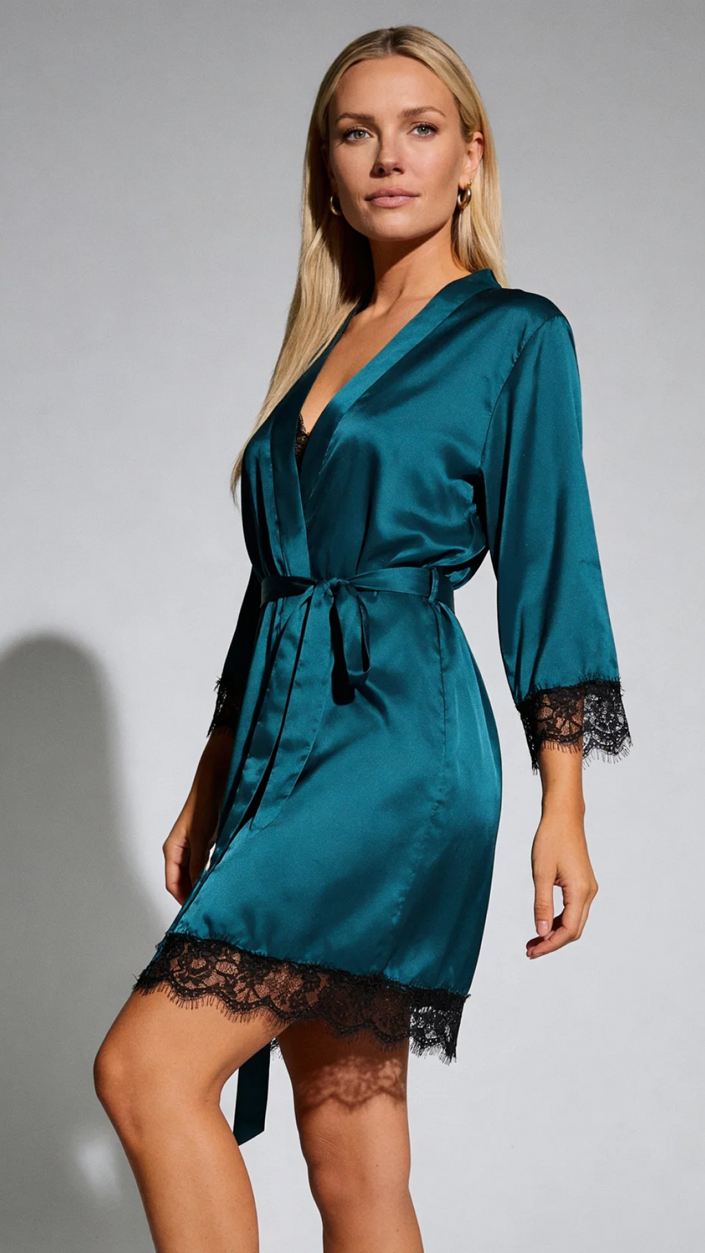 Bellvian teal satin pajama set featuring luxury satin robe lace camisole matching shorts elegant honeymoon sleepwear anniversary gift for wife luxury nightwear gift for girlfriend and premium loungewear UK