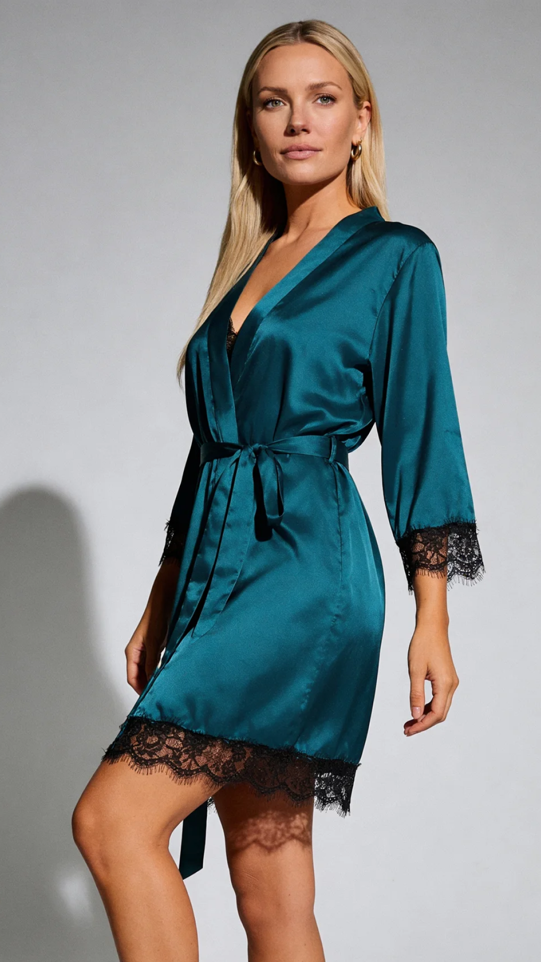 Bellvian teal satin pajama set featuring luxury satin robe lace camisole matching shorts elegant honeymoon sleepwear anniversary gift for wife luxury nightwear gift for girlfriend and premium loungewear UK