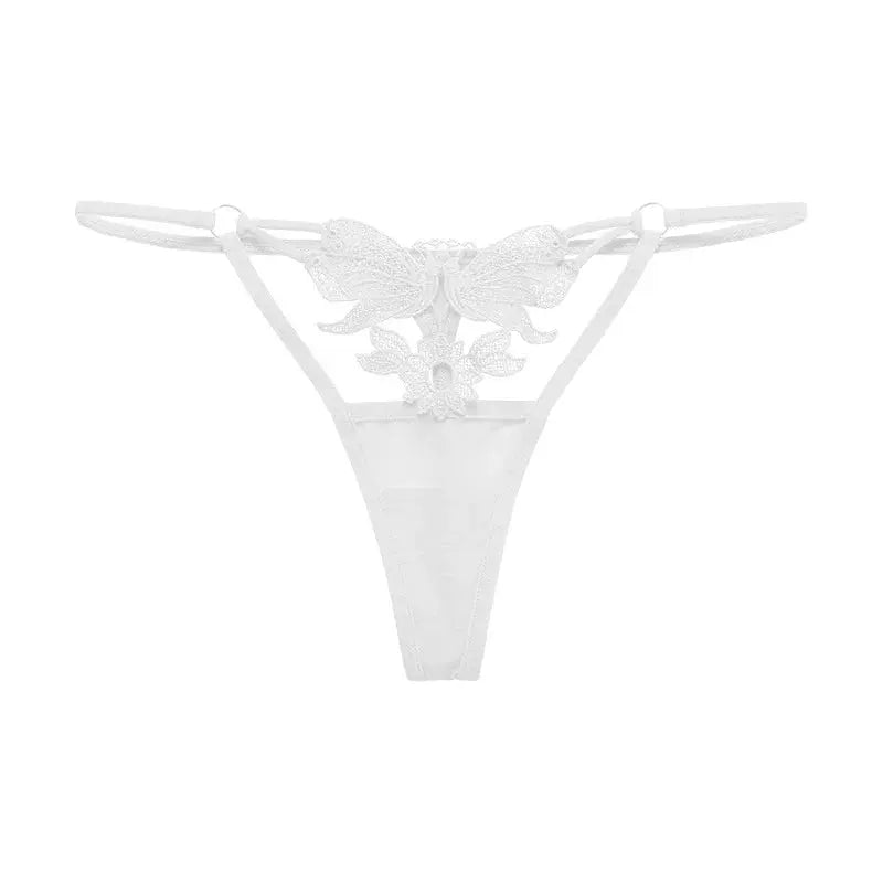 Bellvian white butterfly embroidered string panties featuring delicate floral lace applique details, elegant strappy design and luxury feminine silhouette, premium women's lingerie designed for confidence, romance and comfort, ideal bridal lingerie, honeymoon underwear, Valentine's gift and anniversary present for wife, girlfriend or partner throughout the UK.