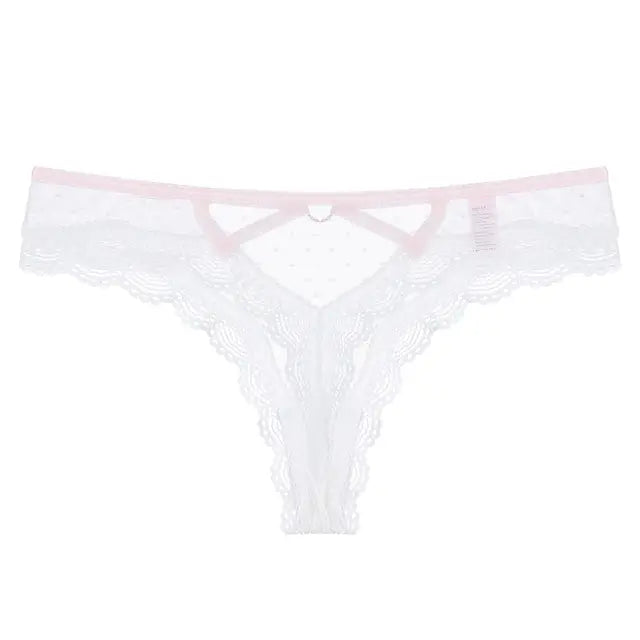 White Bellvian lace thong showcasing intricate floral lace and elegant cut out accents. Ideal for bridal lingerie collections, wedding gifts, honeymoon wardrobes and women seeking premium underwear with a timeless feminine look.