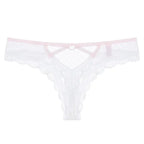 White Bellvian lace thong showcasing intricate floral lace and elegant cut out accents. Ideal for bridal lingerie collections, wedding gifts, honeymoon wardrobes and women seeking premium underwear with a timeless feminine look.
